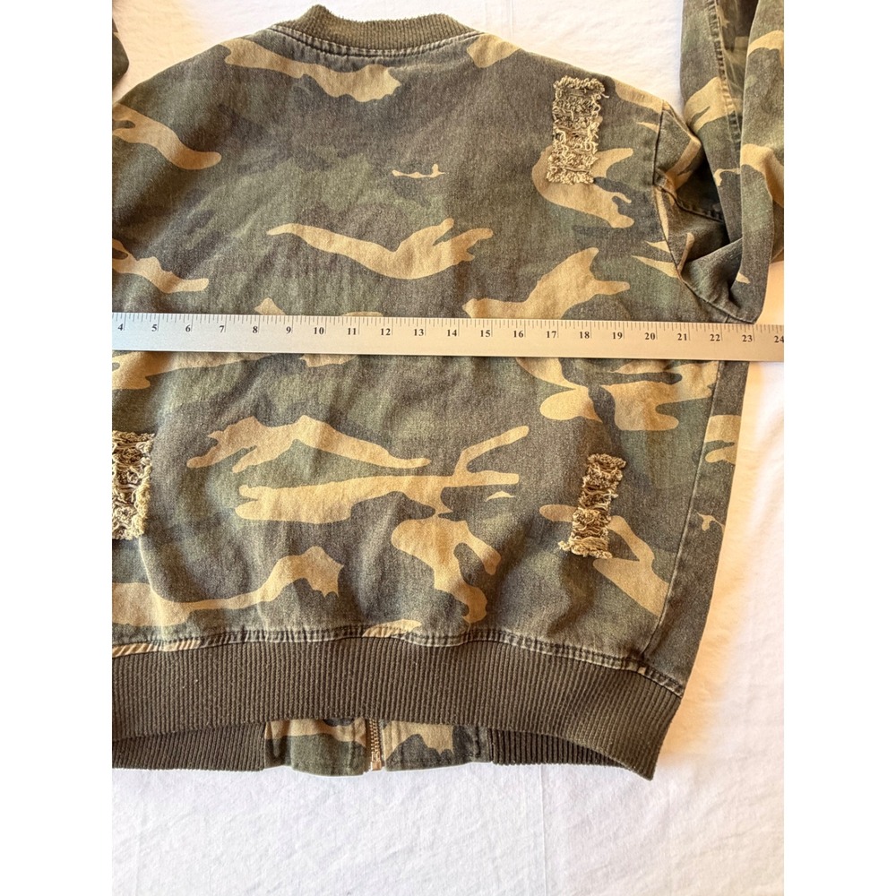 Fashion‎ Nova Camo Bomber Jacket M Green Distressed Ripped Cotton Zip Up J1006A - Picture 2 of 7